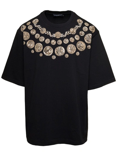 Shop Dolce & Gabbana Black Oversized T-shirt With 'monete' Print Detail In Cotton Man