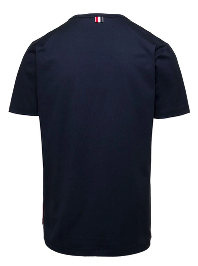 Shop Thom Browne Blue Crewneck T-shirt With Signature Rwb Chest Pocket In Cotton Man