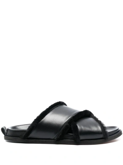Shop Forte Forte Forte_forte Shierling And Leather Crossed Sandals Shoes In Black