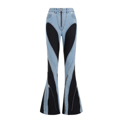 Shop Mugler Zipped Bi-material Pants Jeans In Blue