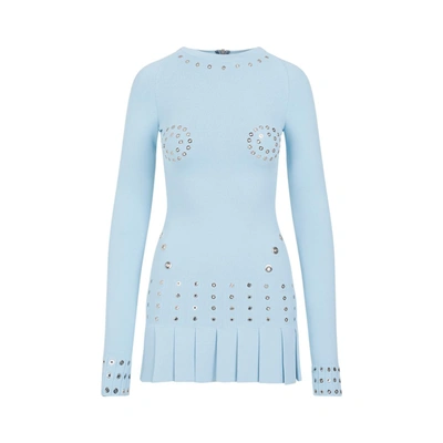 Off-white Pleated Mini Dress With Eyelets Detailing In Blue