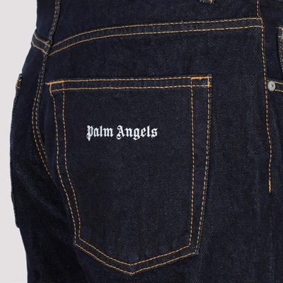 Shop Palm Angels Logo Raw Wash Loose 5 Pkts Pants In Blue