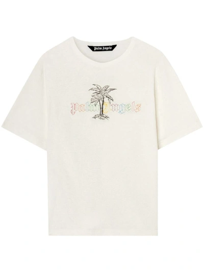 Shop Palm Angels Cotton-linen Blend T-shirt In White