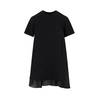 Shop Sacai Satin Mix Cotton Jersey Dress In Black
