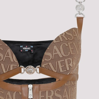 Shop Versace Bra Canvas Logo Top In Nude & Neutrals