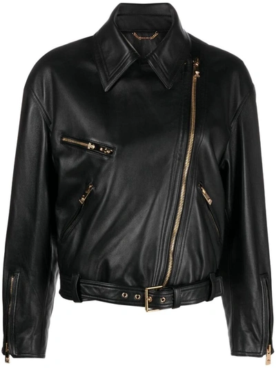 Shop Versace Leather Jacket Clothing In Black