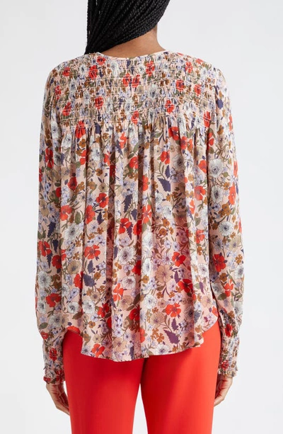 Shop Veronica Beard Neha Floral Print Smocked Top In Line Florl Coral