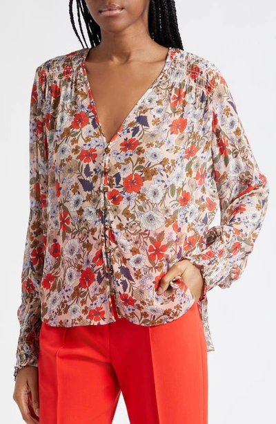 Shop Veronica Beard Neha Floral Print Smocked Top In Line Florl Coral