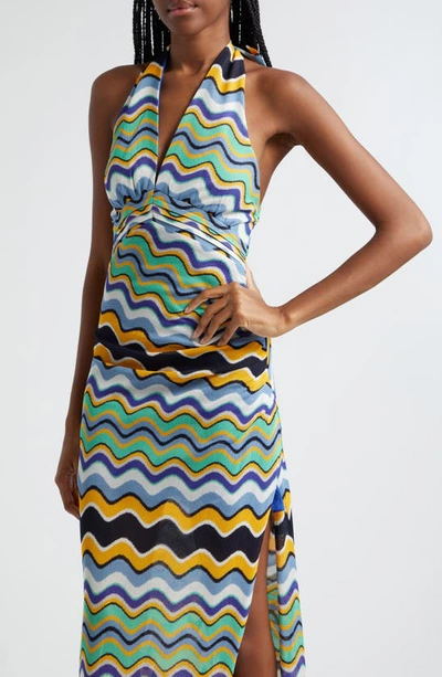 Shop Ramy Brook Alia Mulitcolor Wave Jacquard Halter Maxi Dress In Multicolor Wave Knit
