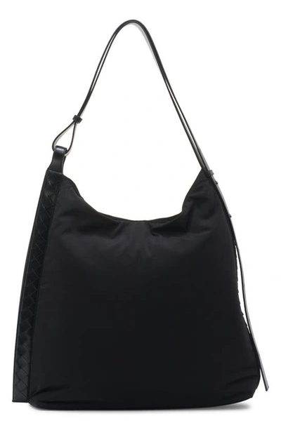 Shop Bottega Veneta Large Nylon Hobo Bag In 8803 Black/ Silver