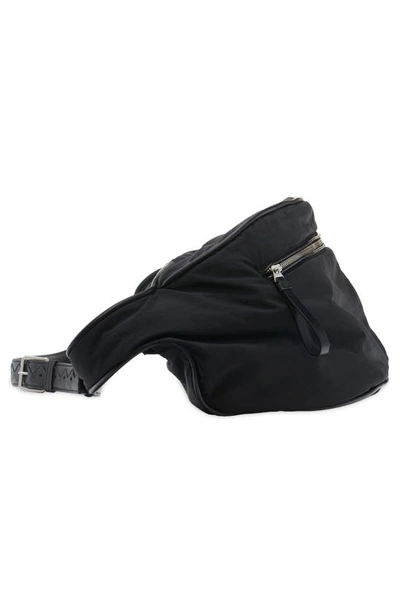 Shop Bottega Veneta Large Nylon Belt Bag In 8803 Black/ Silver