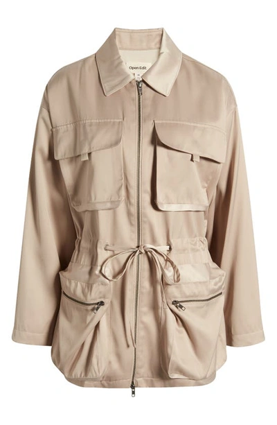 Open Edit Satin Utility Jacket In Tan Oxford