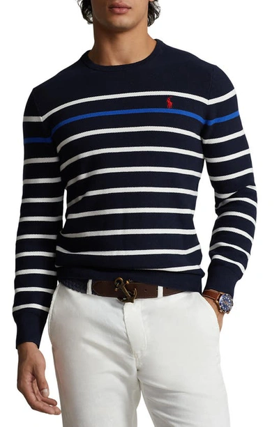 Shop Polo Ralph Lauren Stripe Piqué Crewneck Sweatshirt In Hunter Navy Combo
