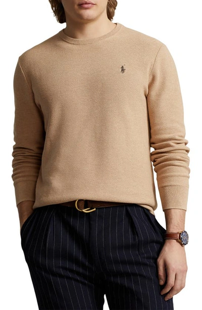 Shop Polo Ralph Lauren Piqué Crewneck Sweatshirt In Camel Melange