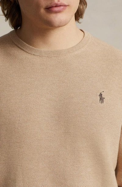 Shop Polo Ralph Lauren Piqué Crewneck Sweatshirt In Camel Melange
