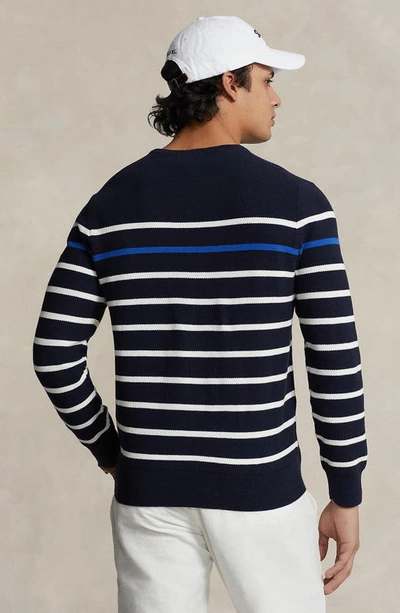Shop Polo Ralph Lauren Stripe Piqué Crewneck Sweatshirt In Hunter Navy Combo
