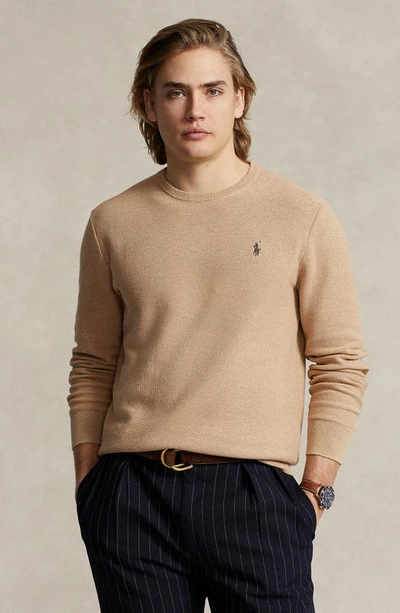 Shop Polo Ralph Lauren Piqué Crewneck Sweatshirt In Camel Melange