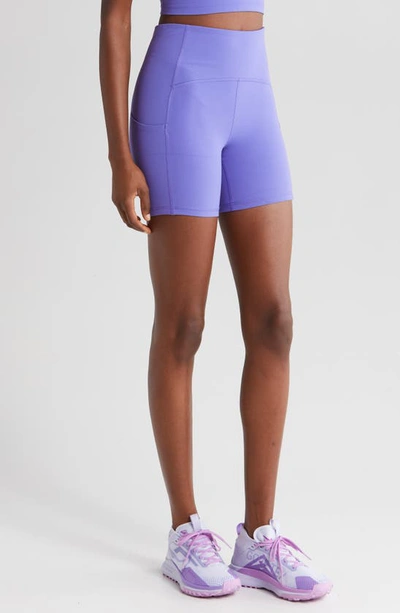 Shop Zella Studio Luxe Pocket Bike Shorts In Purple Opulence