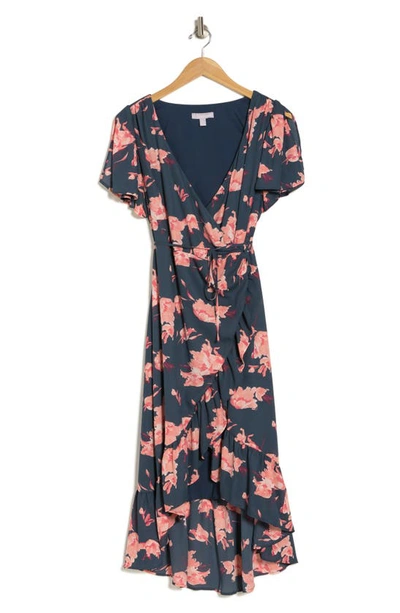 Shop Chelsea28 Flounce Floral Print Chiffon Wrap Dress In Navy M Joss Floral