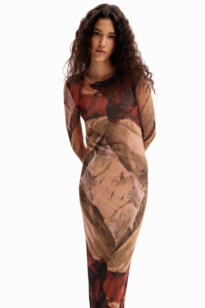 Shop Desigual Landscape Knit Midi Dress In Brown