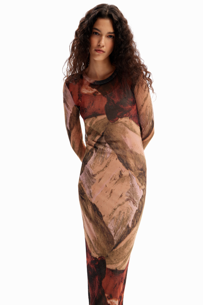 Desigual Landscape Knit Midi Dress In Brown