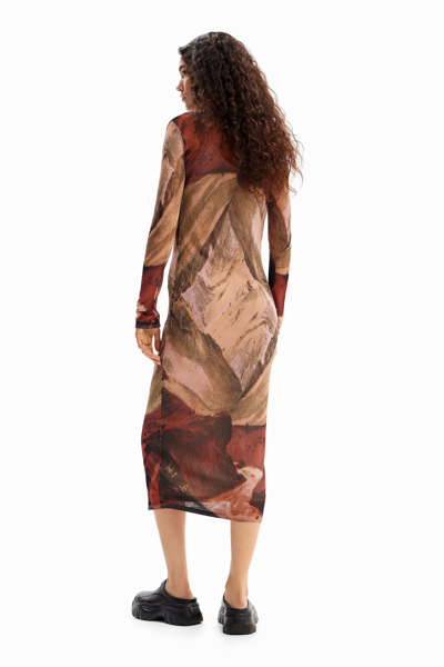 Shop Desigual Landscape Knit Midi Dress In Brown