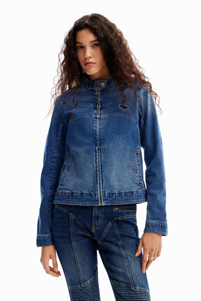 Shop Desigual Denim Biker Jacket In Blue