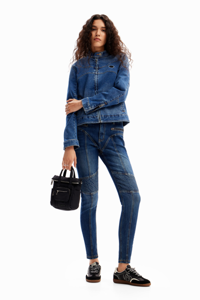 Shop Desigual Denim Biker Jacket In Blue