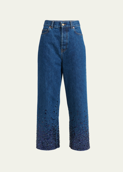 Shop Valentino Sequin Embroidered Wide-leg Ankle Denim Jeans In Dark Denim
