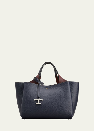 Tod's Mini Leather Shopping Bag With Grained Texture In Blu Bordeaux