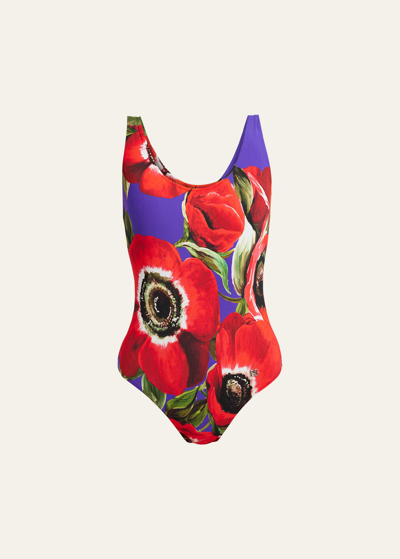 Shop Dolce & Gabbana Flower Power Olympic One-piece Swimsuit In Anemoni Fdo Viola