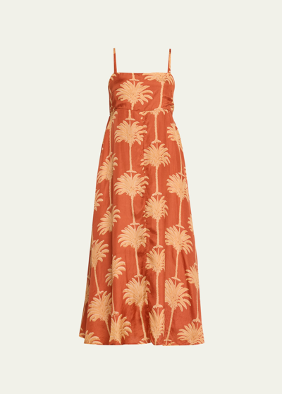 Shop Hannah Artwear Franca Palm Tree Silk Habotai Midi Dress In Kaya