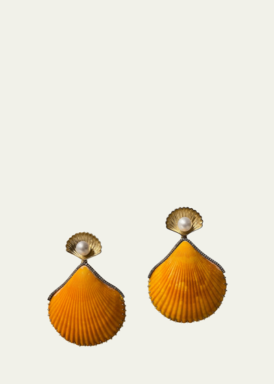 Shop Silvia Furmanovich 18k Yellow Gold Orange Shell Earrings With Diamonds And Pearls