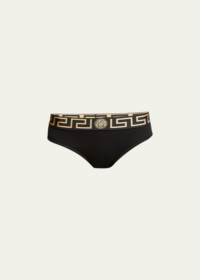 Shop Versace Greca Logo-band Cotton Bikini Briefs In Black