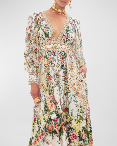 Shop Camilla Long Frilled Silk Button-front Dress In Renaissance Roman