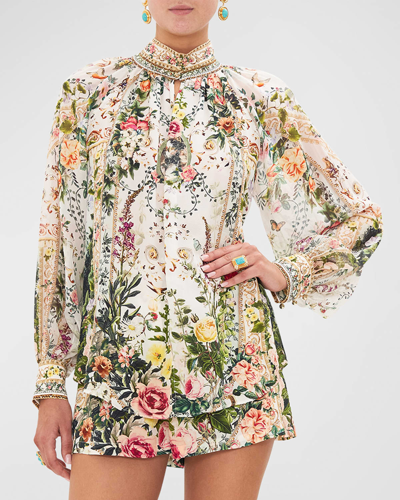 Shop Camilla Floral Silk Raglan Button-front Shirt In Renaissance Roman