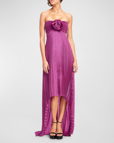 Shop One33 Social Flower Strapless Empire-waist Pleated High-low Dress In Fuchsia