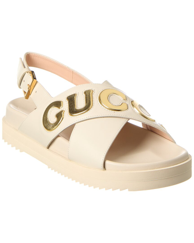 Shop Gucci Logo Leather Sandal In White