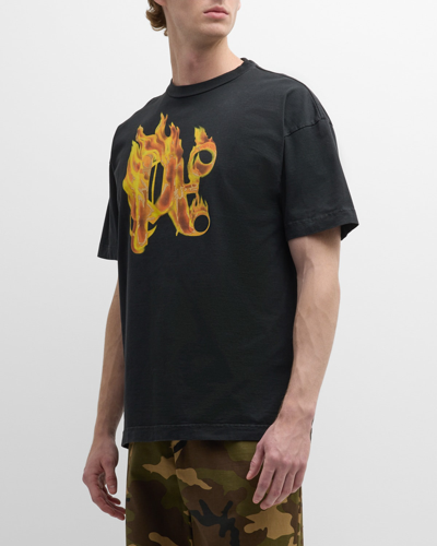 Shop Palm Angels Men's Burning Monogram T-shirt In Black Gold