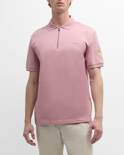 Shop Moncler Men's Embossed Logo Zip Polo Shirt In Dark Pink