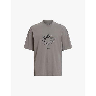 Shop Allsaints Men's Ash Grey Halo Oversized Logo-print Organic-cotton T-shirt