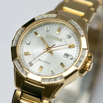 Pre-owned Citizen Womens Eco-drive Riva Diamonds Markers Date Gold Watch 30mm Ew2462-51a