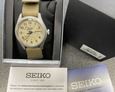 Pre-owned Seiko 5 Sport Automatic Beige Nylon Strap Mid-size Watch Srpj83 Made In Japan