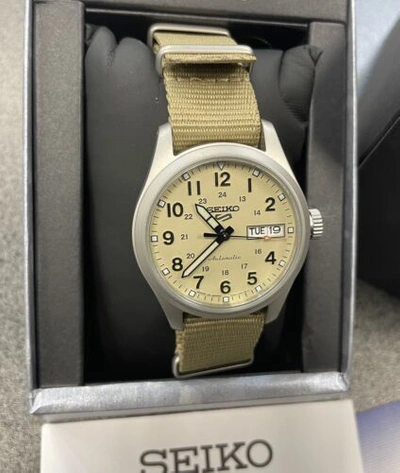 Pre-owned Seiko 5 Sport Automatic Beige Nylon Strap Mid-size Watch Srpj83 Made In Japan