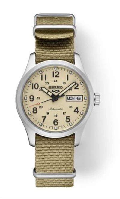 Pre-owned Seiko 5 Sport Automatic Beige Nylon Strap Mid-size Watch Srpj83 Made In Japan