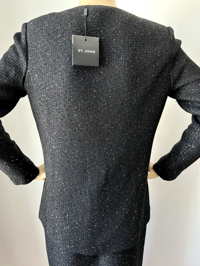 Pre-owned St John Knit Suit Skirt Jacket Size 10/12 Black & Gold Shimmer Sequins Knit