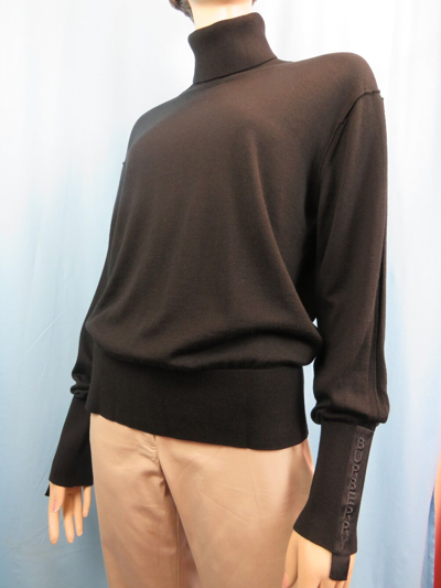 Pre-owned Burberry Black Nabuna Logo Cuff Merino Wool Silk Turtleneck Pullover Sweater L