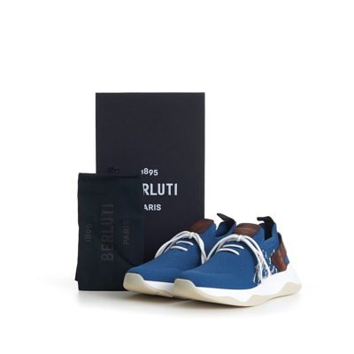 Pre-owned Berluti 1220$ Aveiro Blue Shadow Knit & Leather Sneaker - Scritto Embroidery