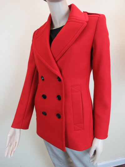 Pre-owned Burberry $950  Tumblebridge Red Wool Double Breasted Pea Coat Jacket Us 6 Eu 40