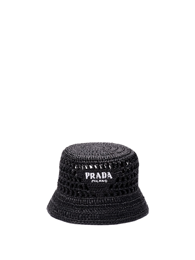 Shop Prada Raffia Bucket Hat In Black  